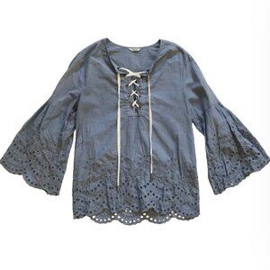 St Roche Blouse Top Shirt Womens Small Blue Lace Up Eyelet Embroidered Cotton